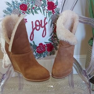 UGG Tan Wedge Shoes with Plush Fur Lining
